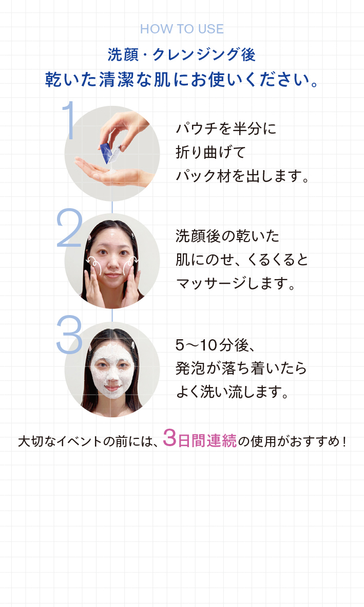 洗顔・クレンジング後　乾いた清潔な肌にお使いください。