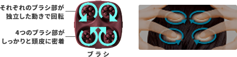 それぞれのブラシ部が独立した動きで回転 4つのブラシ部がしっかりと頭皮に密着